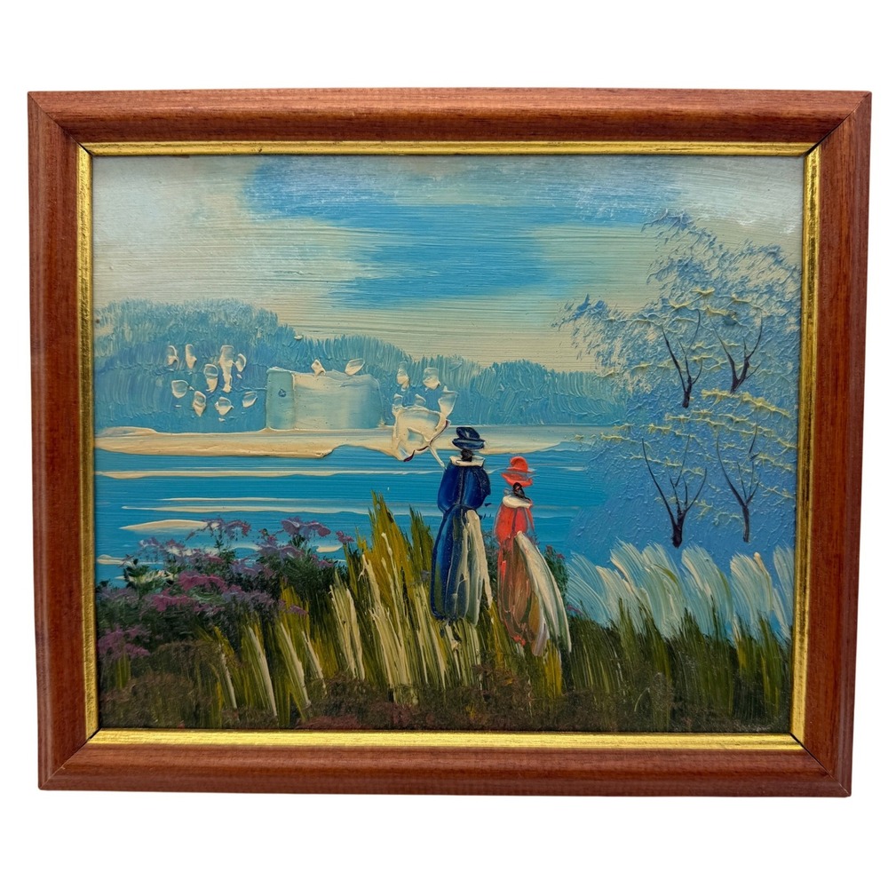 Vintage Impressionist Oil Painting Victorian Figures Landscape Framed Impasto